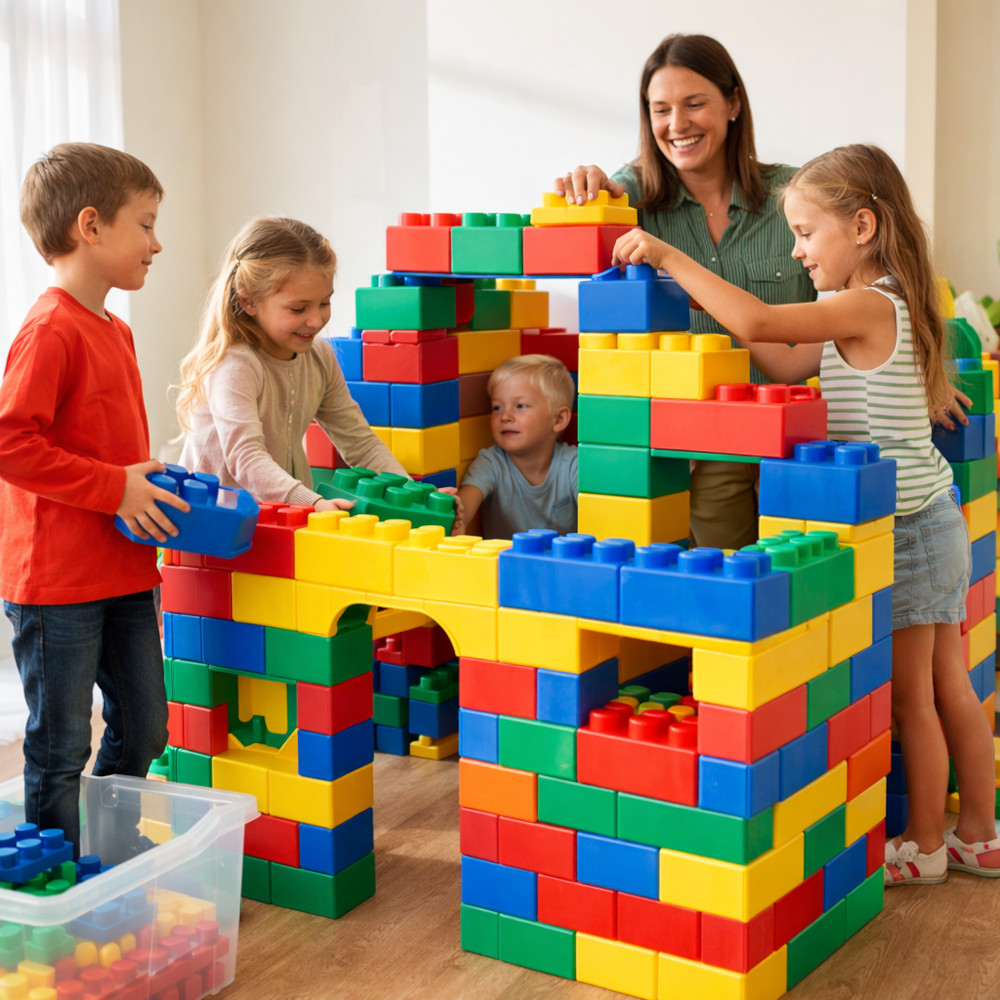 Kinderen bouwen samen een groot huis of fort met XXL Softbricks